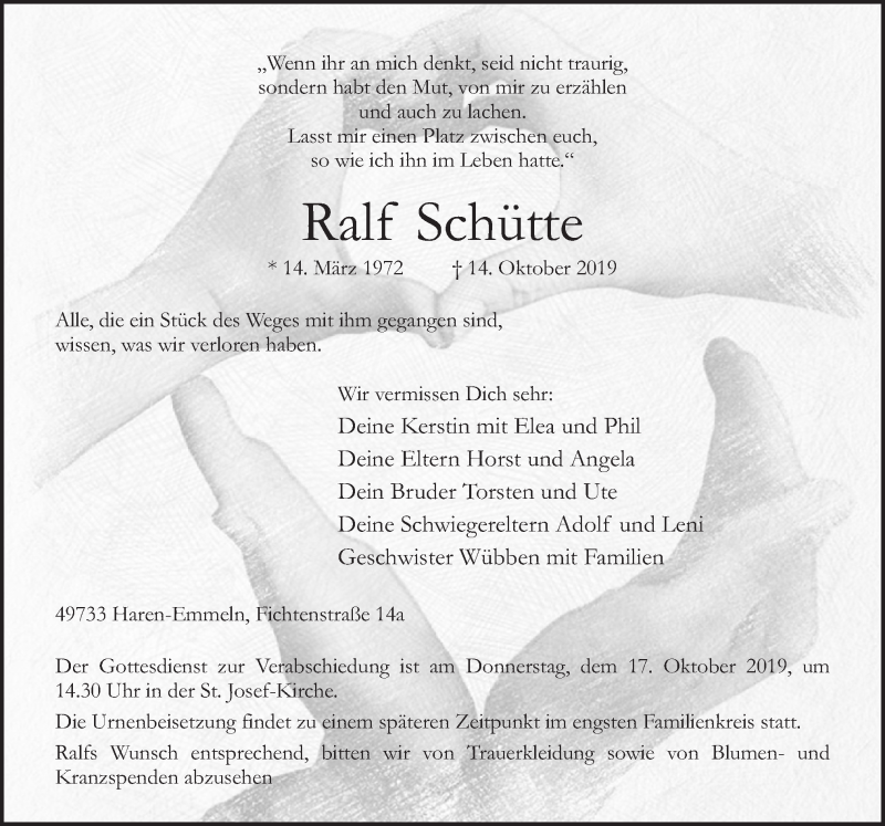  Traueranzeige für Ralf Schütte vom 16.10.2019 aus Neue Osnabrücker Zeitung GmbH & Co. KG