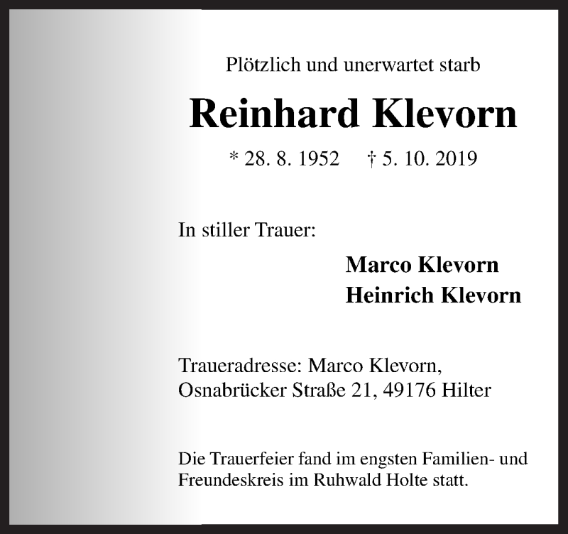  Traueranzeige für Reinhard Klevorn vom 19.10.2019 aus Neue Osnabrücker Zeitung GmbH & Co. KG