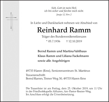 Traueranzeige von Reinhard Ramm von Neue Osnabrücker Zeitung GmbH & Co. KG
