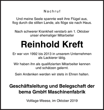 Traueranzeige von Reinhold Kreft von Neue Osnabrücker Zeitung GmbH & Co. KG