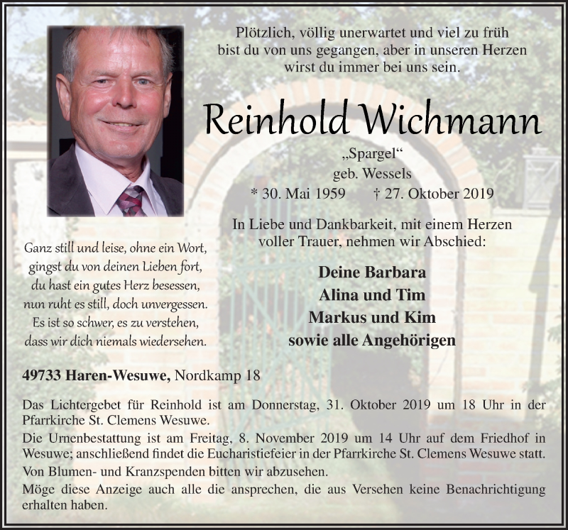  Traueranzeige für Reinhold Wichmann vom 30.10.2019 aus Neue Osnabrücker Zeitung GmbH & Co. KG