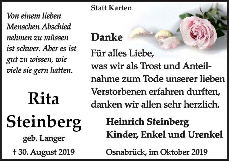 Traueranzeige für Rita Steinberg vom 12.10.2019 aus Neue Osnabrücker Zeitung GmbH & Co. KG