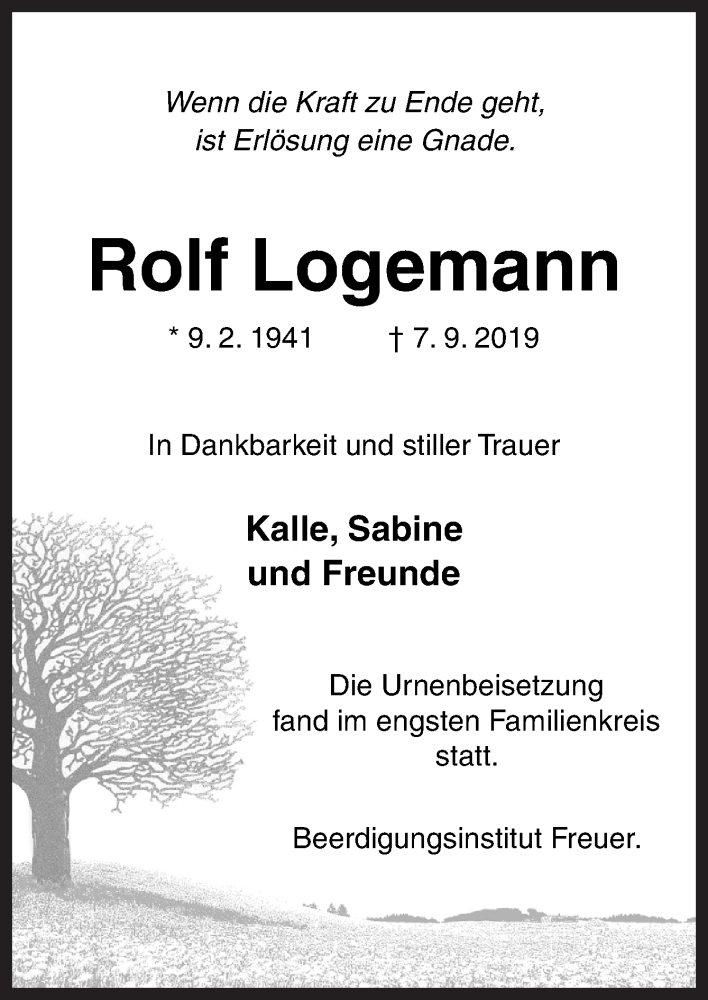  Traueranzeige für Rolf Logemann vom 05.10.2019 aus Neue Osnabrücker Zeitung GmbH & Co. KG