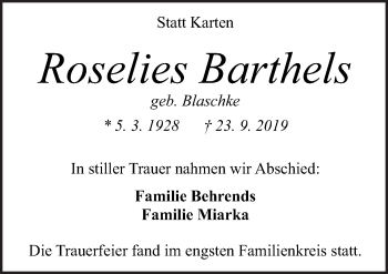 Traueranzeige von Roselies Barthels von Neue Osnabrücker Zeitung GmbH & Co. KG