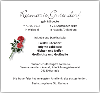 Traueranzeige von Rosmarie Gutendorf von Neue Osnabrücker Zeitung GmbH & Co. KG