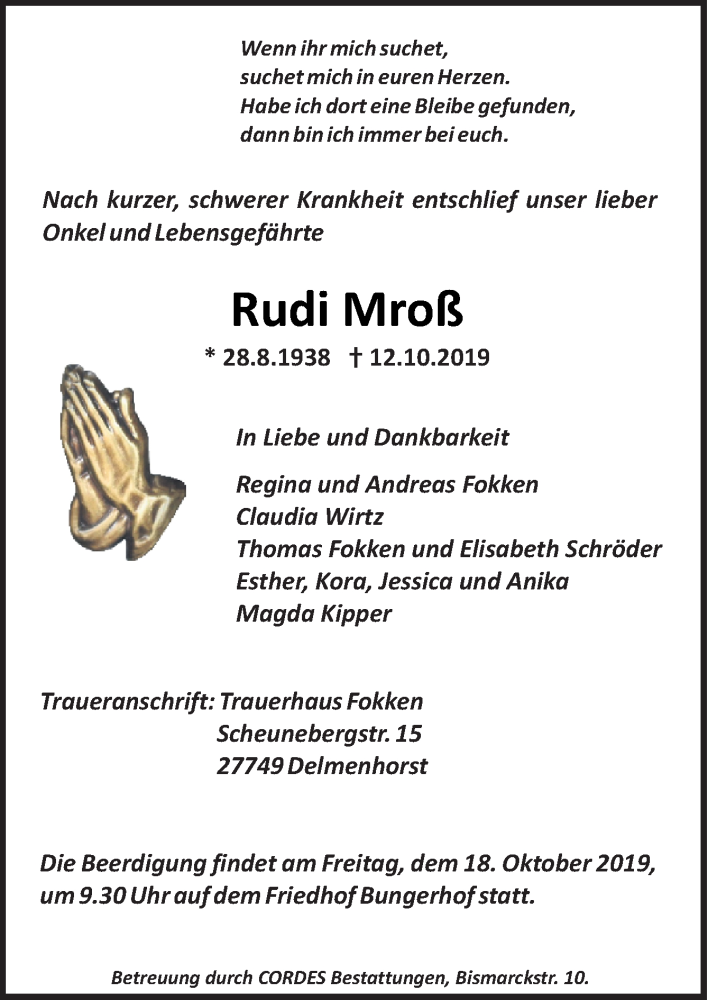  Traueranzeige für Rudi Mroß vom 14.10.2019 aus Neue Osnabrücker Zeitung GmbH & Co. KG