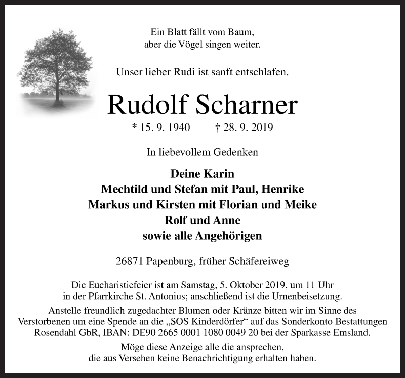  Traueranzeige für Rudolf Scharner vom 01.10.2019 aus Neue Osnabrücker Zeitung GmbH & Co. KG