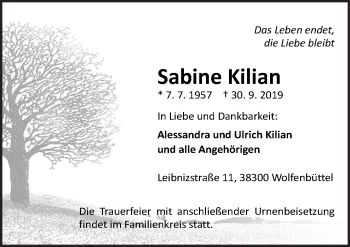Traueranzeige von Sabine Kilian von Neue Osnabrücker Zeitung GmbH & Co. KG