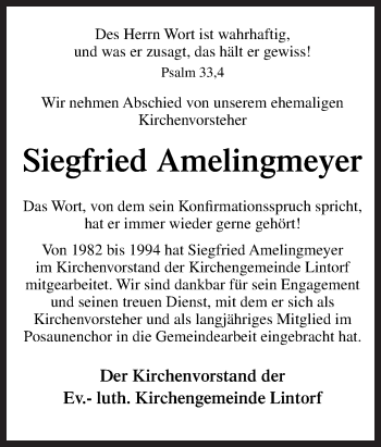 Traueranzeige von Siegfried Amelingmeyer von Neue Osnabrücker Zeitung GmbH & Co. KG