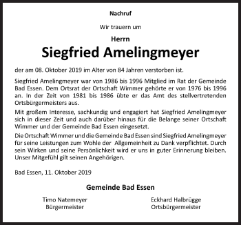 Traueranzeige von Siegfried Amelingmeyer von Neue Osnabrücker Zeitung GmbH & Co. KG