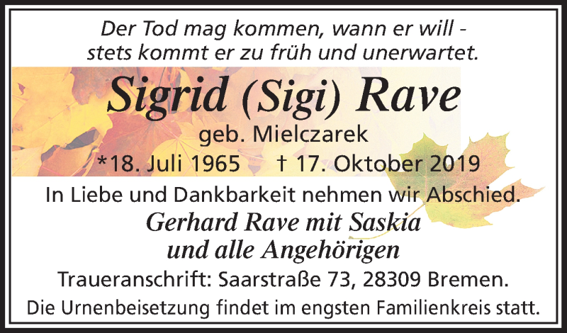  Traueranzeige für Sigrid Rave vom 25.10.2019 aus Neue Osnabrücker Zeitung GmbH & Co. KG