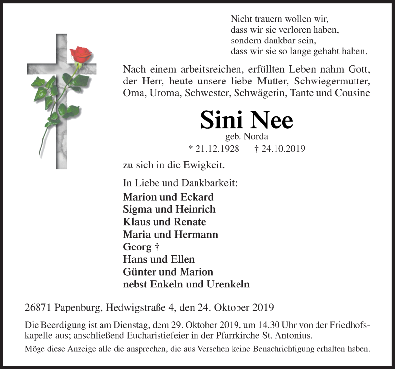  Traueranzeige für Sini Nee vom 26.10.2019 aus Neue Osnabrücker Zeitung GmbH & Co. KG