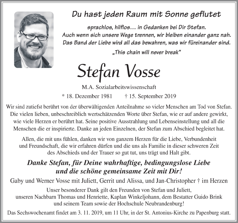  Traueranzeige für Stefan Vosse vom 30.10.2019 aus Neue Osnabrücker Zeitung GmbH & Co. KG