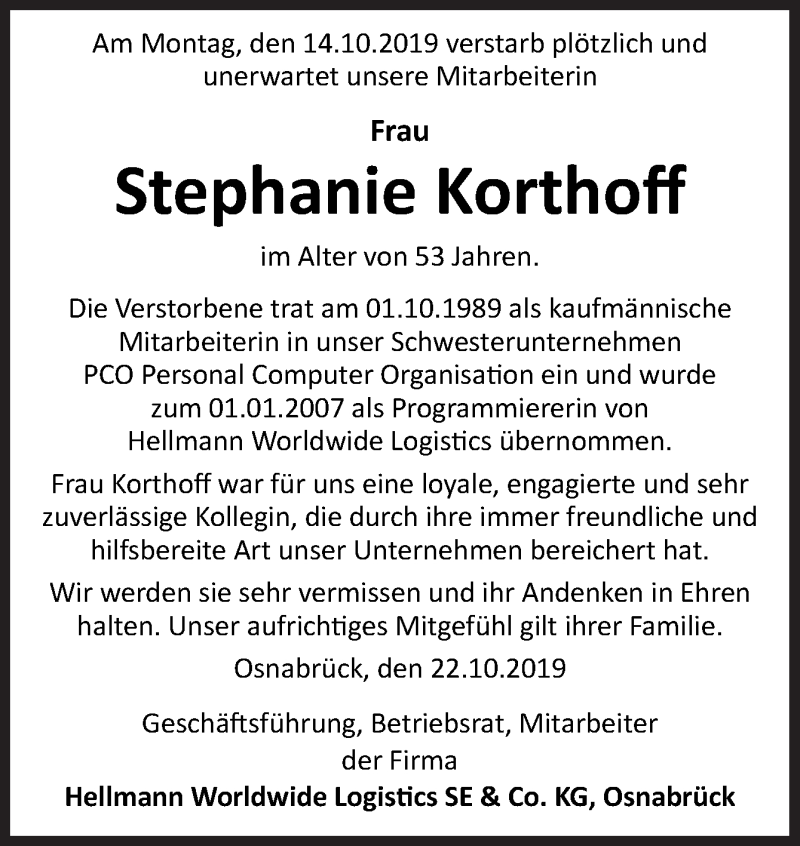  Traueranzeige für Stephanie Korthoff vom 26.10.2019 aus Neue Osnabrücker Zeitung GmbH & Co. KG