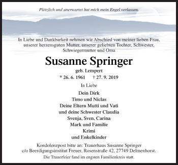 Traueranzeige von Susanne Springer von Neue Osnabrücker Zeitung GmbH & Co. KG