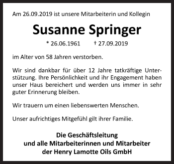 Traueranzeige von Susanne Springer von Neue Osnabrücker Zeitung GmbH & Co. KG