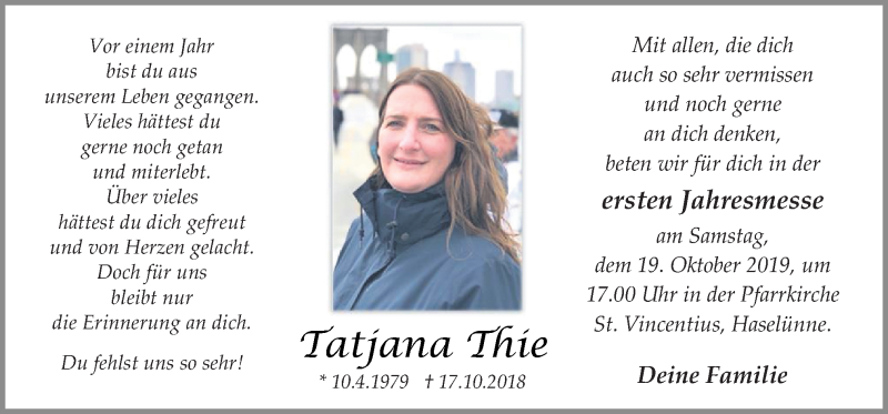  Traueranzeige für Tatjana Thie vom 17.10.2019 aus Neue Osnabrücker Zeitung GmbH & Co. KG