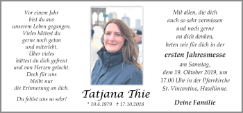 Traueranzeige von Tatjana Thie von Neue Osnabrücker Zeitung GmbH & Co. KG