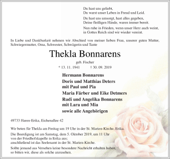 Traueranzeige von Thekla Bonnarens von Neue Osnabrücker Zeitung GmbH & Co. KG