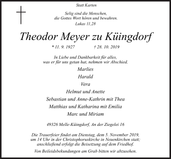 Traueranzeige von Theodor Meyer zu Küingdorf von Neue Osnabrücker Zeitung GmbH & Co. KG