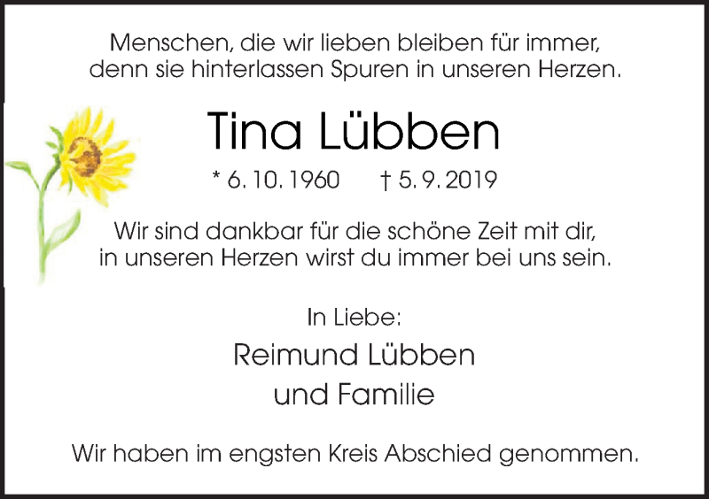  Traueranzeige für Tina Lübben vom 12.10.2019 aus Neue Osnabrücker Zeitung GmbH & Co. KG