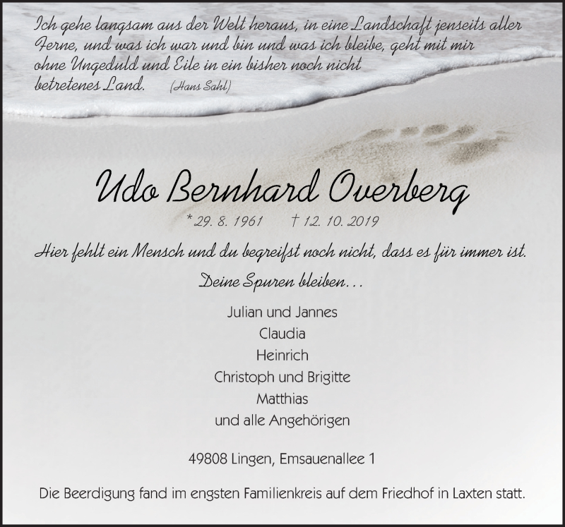  Traueranzeige für Udo Bernhard Overberg vom 18.10.2019 aus Neue Osnabrücker Zeitung GmbH & Co. KG