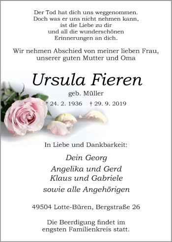 Traueranzeige von Ursula Fieren von Neue Osnabrücker Zeitung GmbH & Co. KG