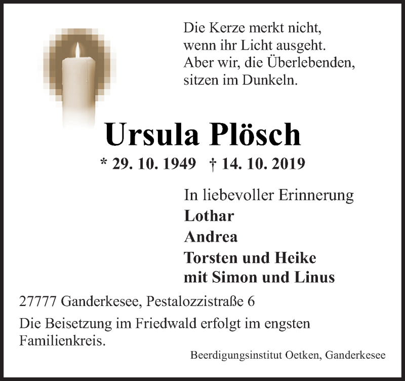  Traueranzeige für Ursula Plösch vom 17.10.2019 aus Neue Osnabrücker Zeitung GmbH & Co. KG