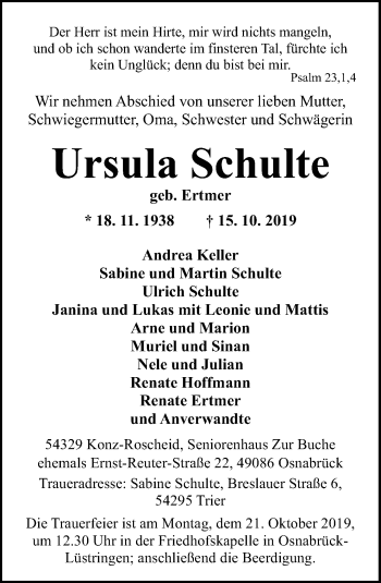 Traueranzeige von Ursula Schulte von Neue Osnabrücker Zeitung GmbH & Co. KG