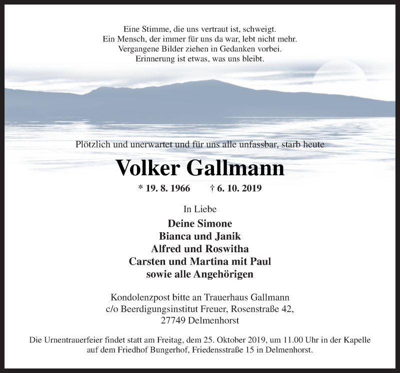  Traueranzeige für Volker Gallmann vom 12.10.2019 aus Neue Osnabrücker Zeitung GmbH & Co. KG
