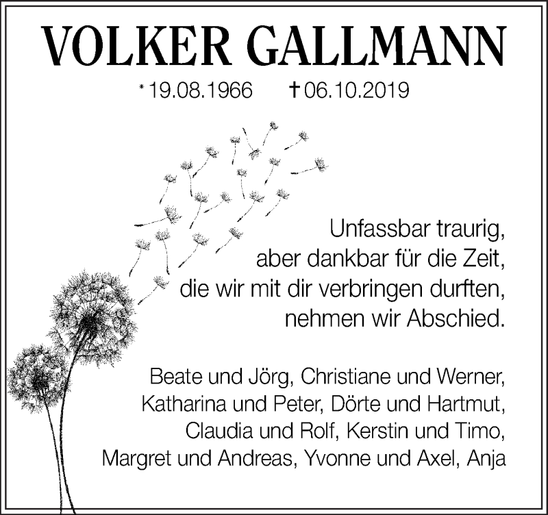 Traueranzeige für Volker Gallmann vom 14.10.2019 aus Neue Osnabrücker Zeitung GmbH & Co. KG