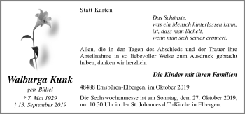 Traueranzeige von Walburga Kunk von Neue Osnabrücker Zeitung GmbH & Co. KG