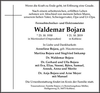 Traueranzeige von Waldemar Bojara von Neue Osnabrücker Zeitung GmbH & Co. KG