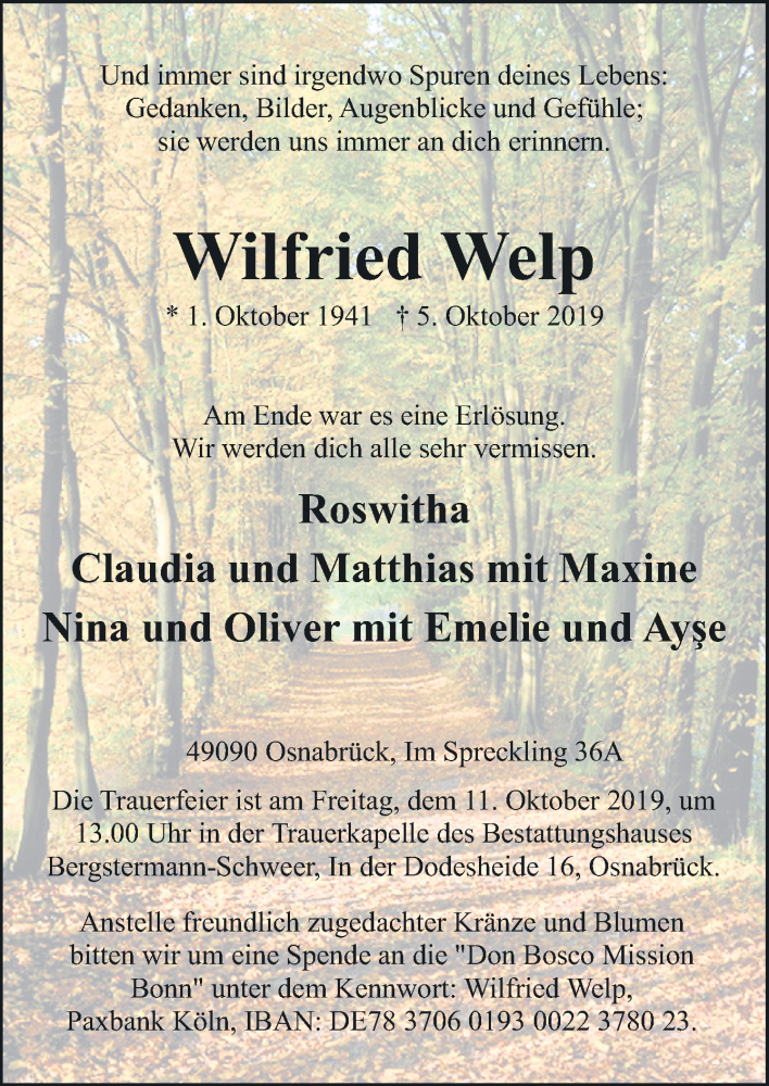  Traueranzeige für Wilfried Welp vom 08.10.2019 aus Neue Osnabrücker Zeitung GmbH & Co. KG