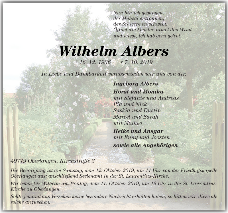  Traueranzeige für Wilhelm Albers vom 10.10.2019 aus Neue Osnabrücker Zeitung GmbH & Co. KG