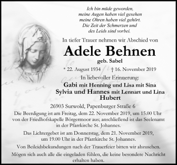 Traueranzeige von Adele Behnen von Neue Osnabrücker Zeitung GmbH & Co. KG