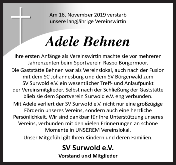 Traueranzeige von Adele Behnen von Neue Osnabrücker Zeitung GmbH & Co. KG