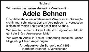 Traueranzeige von Adele Behnen von Neue Osnabrücker Zeitung GmbH & Co. KG