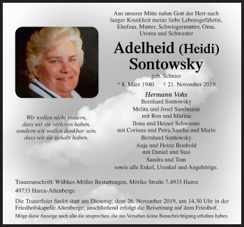 Traueranzeige von Adelheid Sontowsky von Neue Osnabrücker Zeitung GmbH & Co. KG