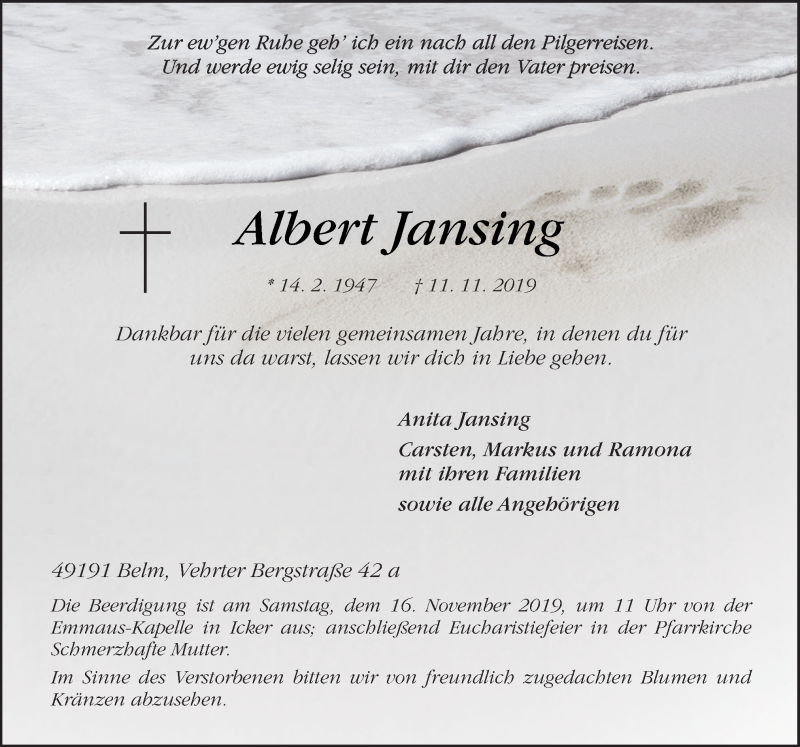  Traueranzeige für Albert Jansing vom 14.11.2019 aus Neue Osnabrücker Zeitung GmbH & Co. KG