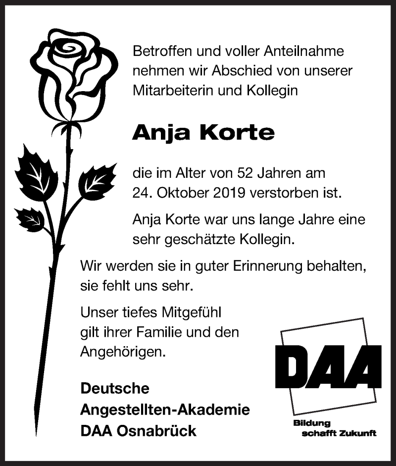  Traueranzeige für Anja Korte vom 09.11.2019 aus Neue Osnabrücker Zeitung GmbH & Co. KG