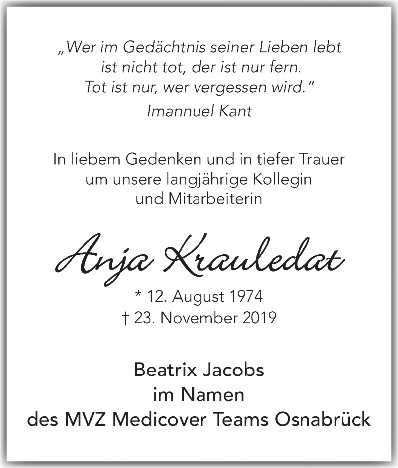  Traueranzeige für Anja Krauledat vom 29.11.2019 aus Neue Osnabrücker Zeitung GmbH & Co. KG