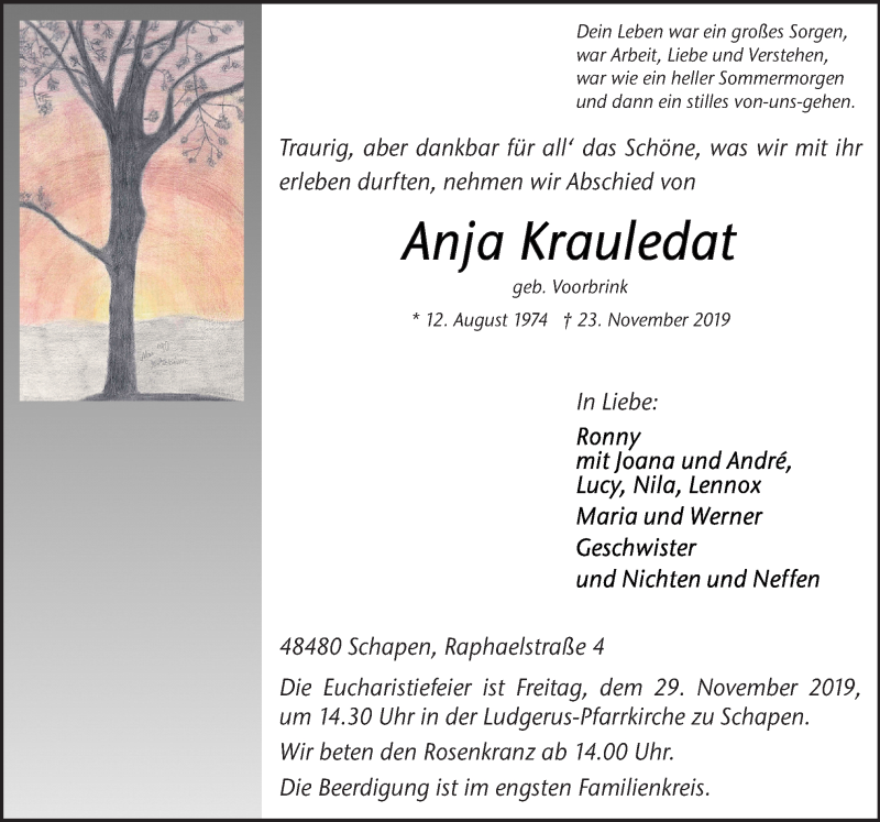  Traueranzeige für Anja Krauledat vom 26.11.2019 aus Neue Osnabrücker Zeitung GmbH & Co. KG