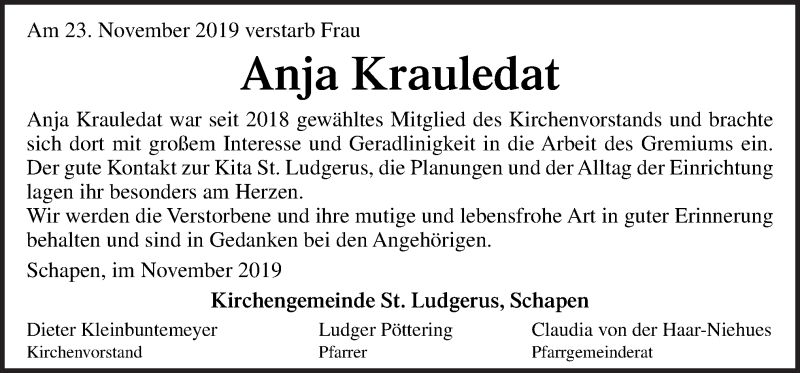  Traueranzeige für Anja Krauledat vom 28.11.2019 aus Neue Osnabrücker Zeitung GmbH & Co. KG