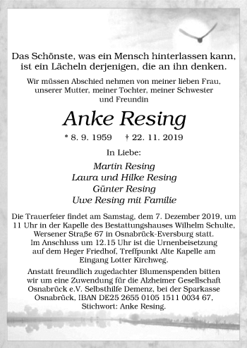 Traueranzeige von Anke Resing von Neue Osnabrücker Zeitung GmbH & Co. KG