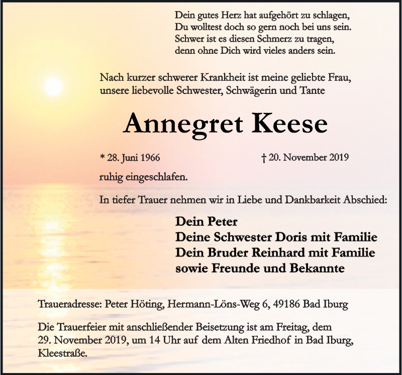  Traueranzeige für Annegret Keese vom 25.11.2019 aus Neue Osnabrücker Zeitung GmbH & Co. KG