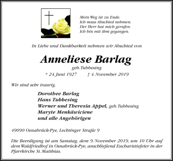 Traueranzeige von Anneliese Barlag von Neue Osnabrücker Zeitung GmbH & Co. KG