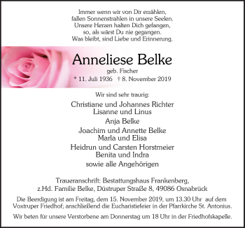 Traueranzeige von Anneliese Belke von Neue Osnabrücker Zeitung GmbH & Co. KG