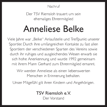 Traueranzeige von Anneliese Belke von Neue Osnabrücker Zeitung GmbH & Co. KG