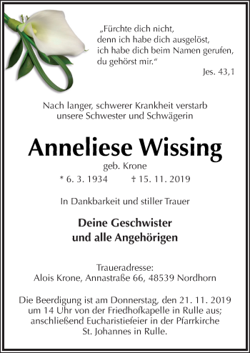 Traueranzeige von Anneliese Wissing von Neue Osnabrücker Zeitung GmbH & Co. KG